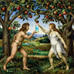 adam and eve reaching for an Apple iPhone protected by a snake that is hanging from a branch of an apple tree in the garden of eden, painting by botticelli