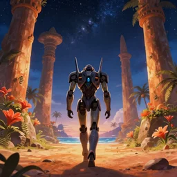 a beautiful cinematic view of a walking humanoid mecha on a tropical island paradise, underneath a star filled night sky, warm coloured, gigantic pillars and flowers, maschinen krieger, moebius, star trek, gundam, film, atmospheric perspective