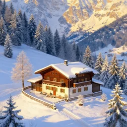 matte painting of winter, king ludwig 2, mountain cottage szene in beautiful landscape in the bavarian alps, by albert whitlock, amazing details, beautiful composition, vibrant colors, bird eye view, luminescent, warm hue's
