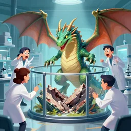 omg my dragon hybrid, has broken out of its enclosure, in my laboratory help, high quality, scientist panicking, dragon lurks around, trending on art station, digital art