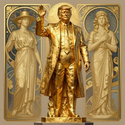 golden artdeco statue of donald trump as the god of trade, highly detailed, digital painting, artstation, concept art, illustration, art by artgerm and greg rutkowski and alphonse mucha