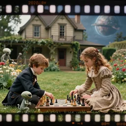sharp, highly detailed, 6144k film, 1715mm film still from a sci fi blockbuster color movie made in 2019, set in 1860, of a boy and a girl playing chess with their small pet humanoid alien creature, in the garden of a house on an alien planet, are all wearing 1860s era clothes, cinematic lighting, in focus, 350mm f/1.4L lens
