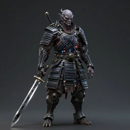 cthulhu humanoid samurai with a sword made from a blackhole, futuristic, high detail, electrical details, fabric details, tubes and wires, dramatic lighting, concept design, character design, Giger style, artstation, sci-fi