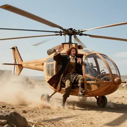 Leonardo Da Vinci crashes on the ground with his wooden helicopter prototype. Film scene. Dust. Flames. Leonardo Da vinci in panic. Great light. Sunny day.