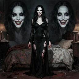 in the style of j. c. leyendecker, diego fazio, gorgeous alyson hannigan, evil dead movie, full body shot, torn black dress, evil smile, spooky, illustration, symmetrical face realistic symmetrical eyes, bedroom setting, charlie bowater, artgerm, cinematic lighting, evil dead, undead demon, hyperdetailed