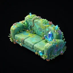black background with an isometric sofa with an organic design based on alien bioluminescent nature aesthetic, full of plants and glowy crystals, an asset for a mobile game. full black background behance master piece
