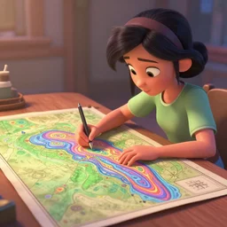 a cute lady cartographer looking over a large psychedelic map of human consciousness that is placed on a table in front of her, anime, disney, pixar, 8 k, hd, dof, kodak film, volumetric lighting, subsurface scattering, photorealistic, octane render, details