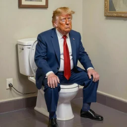 a 3 5 mm photograph painting of a zombie donald trump!!! sitting on a toilet