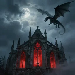 by andrey surnov, the picture reflected from his eyes, the moon is dark and the wind is high, the window grills on the gothic church are emitting strange red, the ghost faces, fog and light are looming on the clouds, and a black dragon hovers above the building. matte painting, film lens, magnificent scene, full atmosphere, concept art