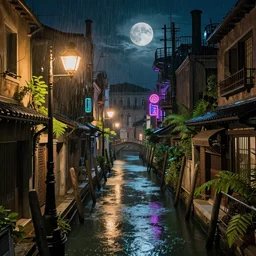 a canal in venice at night with streetlights, rain falling, dystopian, neon signs, steampunk style, Miyazaki tekkonkintreet Teikoku Shounen style, amazing Traditional Japanese alley lane on full moon, machinery and wires, lush vegetation and ferns, sun rays, octane render, trending on artstation, hyper detailed, cinematic
