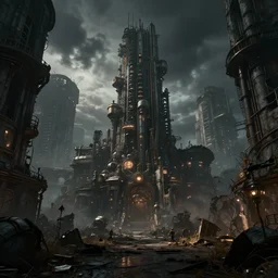a dark steampunk city ruins, professional photo, dramatic lighting - n 3