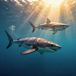 underwater view of a plesiosaurus chasing a shark while mosasaurus attempts to attack it, octane render, cinema 4 d, light rays, cinematic lighting, golden ratio, underwater photography, realistic, volumetric lighting, wildlife documentary, by greg rutkowski