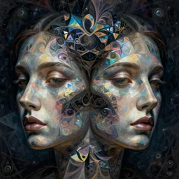 face, psychedelic, trippy, abstract, cubist, symmetric, mirrored, abstraction, fractal patterns, irridescent, detailed, dark and ominious