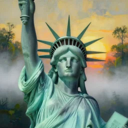 head of statue of liberty covered with fog in lake in jungle with  backlight , sunset  oil painting panorama by  frazetta