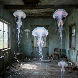abandoned cottage interior filled with iridescent jellyfish