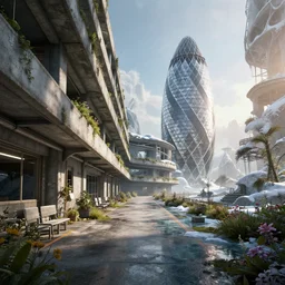 a beautiful hyperdetailed render of hospital corridor unfinished building nature architecture industrial architecture urbex building abandoned by norman foster, atlantis snowy azeroth cosmic wilderness sci - fi nature water at dawn flowers earth, archdaily, wallpaper, highly detailed, trending on artstation.
