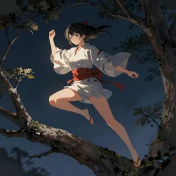 A ninja girl in a short peasant kimono nimbly leaps off of a tree branch, night time, digital art by WLOP
