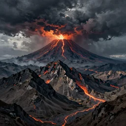 a landscape painting of mordor, with mount doom in the background, by james paick, sharp mountain ridges, lava, dark ominous skies
