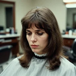 an analog photo of a 1970s beautiful woman, sad, with horrible haircut in a barber shop