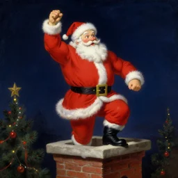 muscular santa clause slides down a chimney on christmas eve, night, painting by gaston bussiere, craig mullins, j. c. leyendecker, norman rockwell