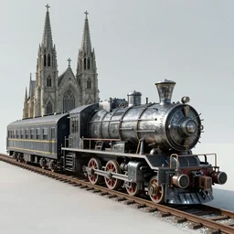 streamline train that looks like gothic cathedral church, warhammer emperium style, gothic locomotive, art Deco, retro, steel gothic streamline style, octane render