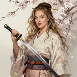 a beautiful ultradetailed fine art illustration of margot robbie as a geisha with a hattori hanzo sword by lauri blank, long wavy hair, surrounded by cherry blossoms, trending in artstation, muted tones