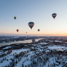 aerial photography, lapland, hot air balloons, dusk