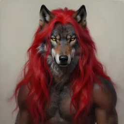 award winning painting of a anthropomorphic black male wolf person with long red hair | | concept art, volumetric lighting, highly detailed, photorealistic, by greg rutkowski and cory loftis trending on artstation
