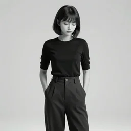 portrait of a girl in long pants and a top, hands in pockets, eyes closed, bob haircut, digital art, black and white, lineart by junji ito and kaoru mori