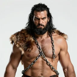 picture of a chained barbarian, light brown skin, black messy hair, beard, pelt, angry, exhausted, face details, shapely, extremely detailed, smooth, sharp focus, digital illustration, by artgerm, rossdraws, sakimichan