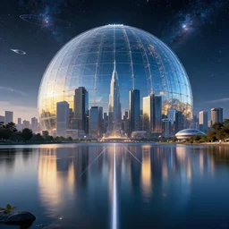 cyberpunk city, lake, reflection, straight lines, spacecrafts, futuristic, giant glass dome in space, golden hour, light diffusion, galaxy, stars, hyperrealistic, award winning, highly detailed, photography, blue, glass, extremely wide angle, short exposure