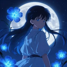 Illyasviel ghibli clover | Big Moon at Blue Night | bioluminescent blue FLOWERS | strong blue rimlit | visual-key | anime illustration | highly detailed High resolution | Light Novel | Visual Novel | Gosick