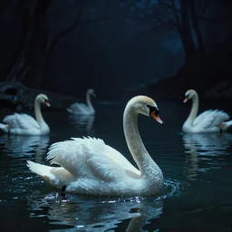 dark eerie movie frame, greek fantasy panorama, elegant shining swan in the magic shining river styx, at night, otherworldly, stanley kubrick, 1 7 mm, wide shot, surreal, deep