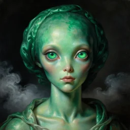 a baroque neoclassicist close - up portrait of a futuristic emerald and malachite alien with big glowing eyes and angelic features. iridescent and reflective skin and silk. head, face and shoulders, foggy black background with puffy clouds. renaissance portrait painting. sci - fi retrofuture. highly detailed science fiction painting by norman rockwell, frank frazetta, syd mead and moebius. rich colors, high contrast, gloomy atmosphere, dark background. trending on artstation.