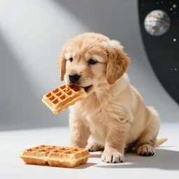 photoshoot of a golden retriever puppy eating waffle in space, artstaton, photo studio