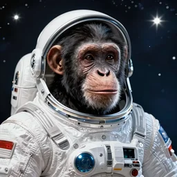 Chimpanzee in space suit with stars as background, brilliant, magnificent.