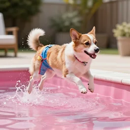 goofy the dog wearing swim trunks jumping into a pool of hot pink water