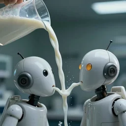 milk pouring out of a scientist's mouth into the mouth of an android cinematic realistic 3 5 mm