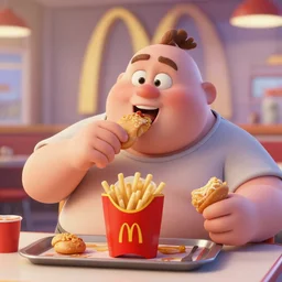 obese pixar charakters eating in mc donalds. realistic, octane render, trending on artstation