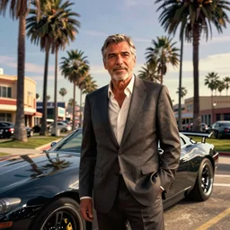 george clooney in gta v. los santos in background, palm trees in the art style of stephen bliss