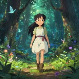 Walking through a magical forest filled with fairies, Tales of Arise styled, pixar and disney, studio ghibli sharp , rendered in unreal engine, anime, dramatic, volumetric lighting