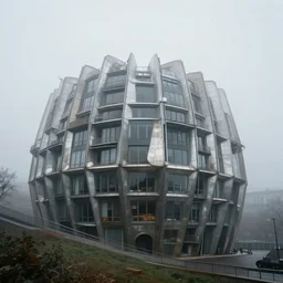 The metal tube house like Pompidou center by Renzo piano, architecture design, foggy, organic form, foggy, environment, Cinematography, mega scans, sloped site, cinematic, hyper realistic, photo real, cinematic composition, highly detailed, vray, 8k render