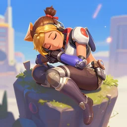 D.Va from Overwatch taking a nap on top of her Meka