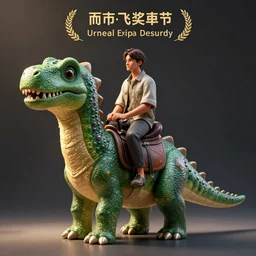 a man sitting in a saddle on the back of a green dinosaur, adorable and whimsical, volumetrics, fantasy, elegant, pixiv, unreal engine, octane render, concept art, sharp focus, high contrast, illustration, art by james jean