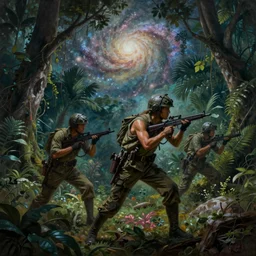 painting of guerilla warfare in the jungle, galaxy in the baciground, dramatic lighting, intricate detail