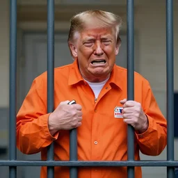 donald trump wearing orange prison jumpsuit, locked behind bars, crying and whining.