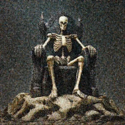 a singular skeleton king sitting on a dark throne on the top of a mount of bones, digital art, trending on DeviantArt, highly detailed, high quality, 8K HDR, octane render, unreal engine 5, raytracing, cinematic lighting, concept art, dramatic environment, hyperrealistic