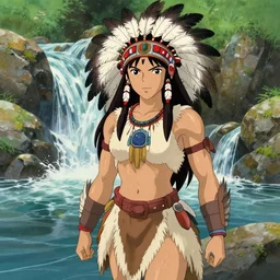 Anime-style portrait of a fierce muscular Arikara warrior woman wearing tribal skins and a feathered headdress. She stands by a rocky cascading river. Noble bearing. Award winning Fantasy rpg character concept art by studio Ghibli and Audrey Kawasaki.