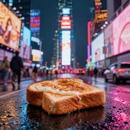 toast in the road, times square, night time, raining, neon light, romantic, ultra realistic, unreal engine, 4k, artstation