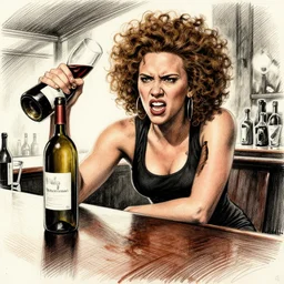 scarlett johansson in a enraged drunken state, sitting at the bar holding a wine bottle, afro samurai style, pencil and ink, greg rutkowski dynamic wide angle lens, dramatic lighting,